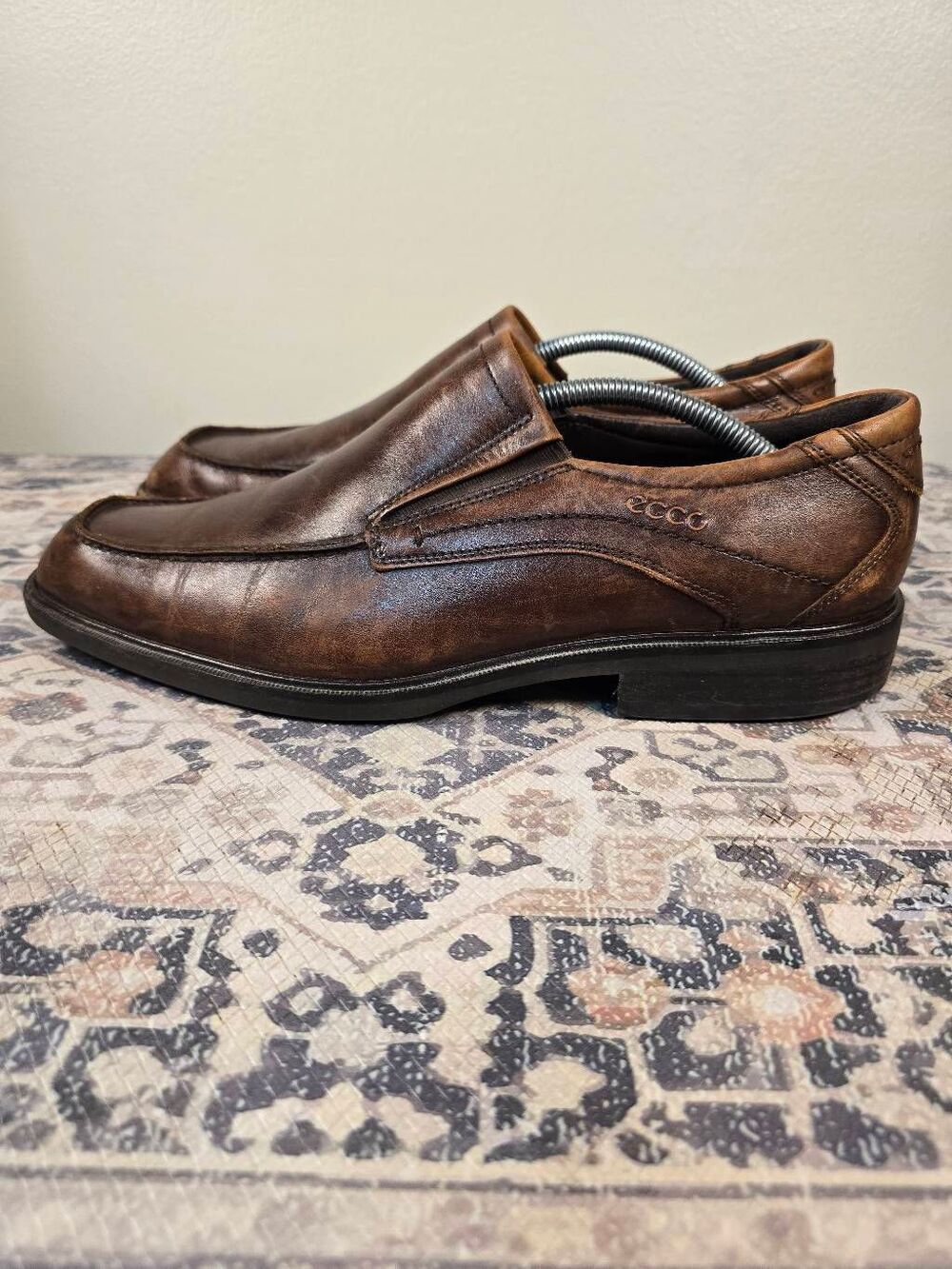 Ecco Men Square Toe Slip On Loafers Brown Patina Leather Men's Size 10